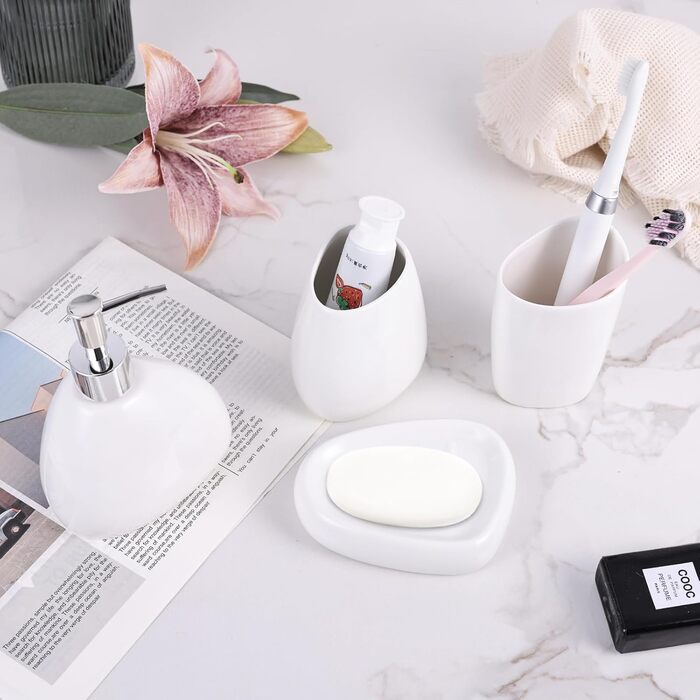XYQXYQ Elegant 4-Piece Galvanized Ceramic Bathroom Set, featuring a lotion dispenser, mouth rinse cup, soap dish, and toothbrush holder, modern bathroom decoration set (white)