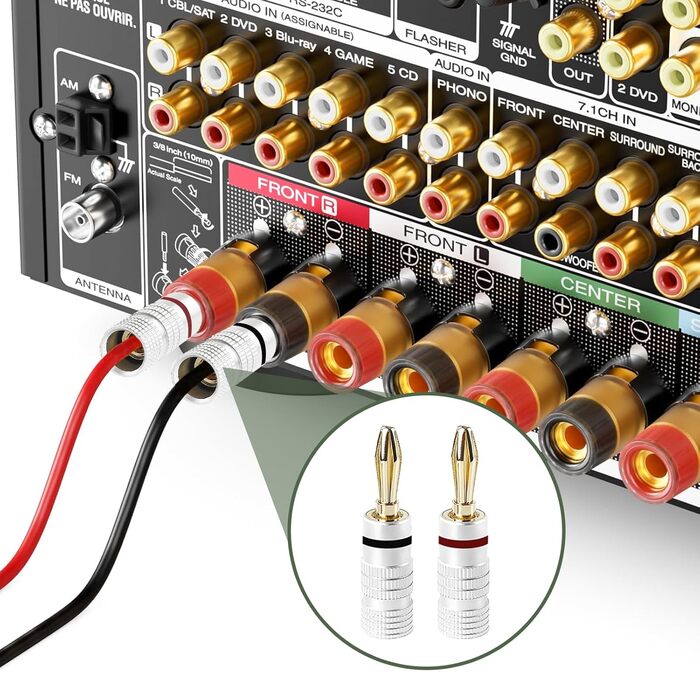 8 шт. бананові конектори 24K позолота для акустичних кабелів, Hi-Fi аудіо, домашній кінотеатр, 4 червоні, 4 чорні, сумісні з кабелями 0.75 мм - 4 мм