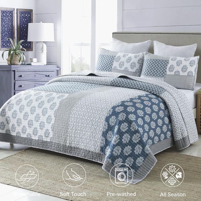 Комплект постільної білизни Finlonte Quilt Twin (1.5), блакитно-сірий-білий, 2-х частинний, 183x218 см