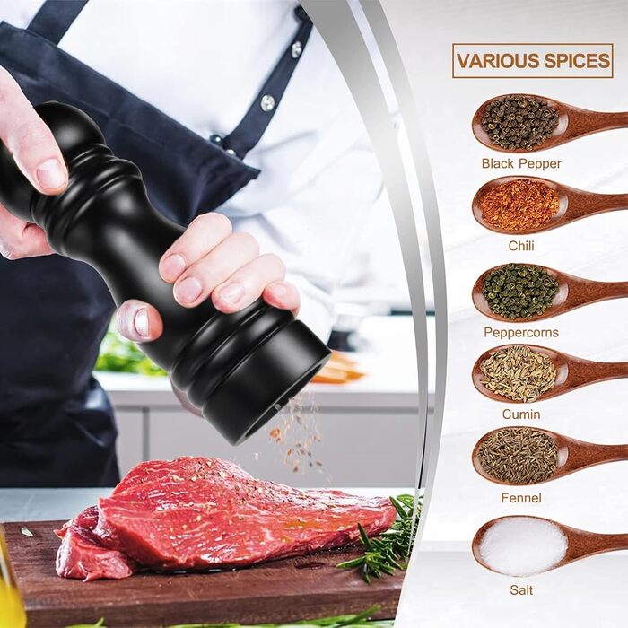 Набір з 2 дерев'яних мельниць для солі та перцю з регульованим млинком, великі, керамічні, ручні для морської солі, чилі, чорного та білого перцю