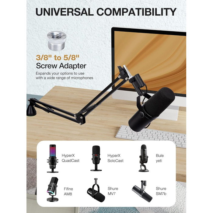 SUNMON Тримач для мікрофону HyperX QuadCast та інших - регульований кріплення для мікрофону з кабелеутримувачем, адаптер 3/8' - 5/8' для Blue Yeti, Fifine, Seiren