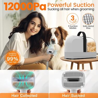 Машина для стрижки собак AIRROBO PG10 з пилососом 12000 Pa, щітка для собак, видалення шерсті для собак і котів, тиха машинка для стрижки з набором інструментів, чорний контейнер 1.4L
