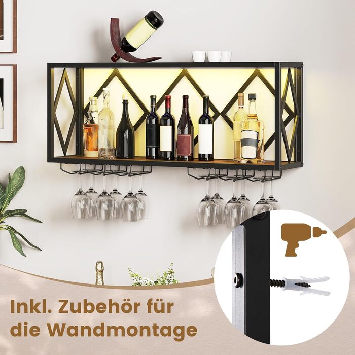 Стійка для вина COSTWAY з LED-підсвічуванням, 2 яруси, дерев'яний ящик з металевим каркасом, 6 рядів для келихів, індустріальний дизайн, для дому, бару, кухні та ресторану