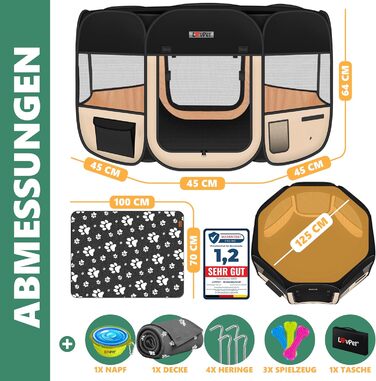 LOVPET® Foldable Pet Playpen with Food Bowl & Fleece Blanket - Indoor/Outdoor Dog & Cat Pen, Pop-Up Crate, Oxford Fabric, Grey/Black