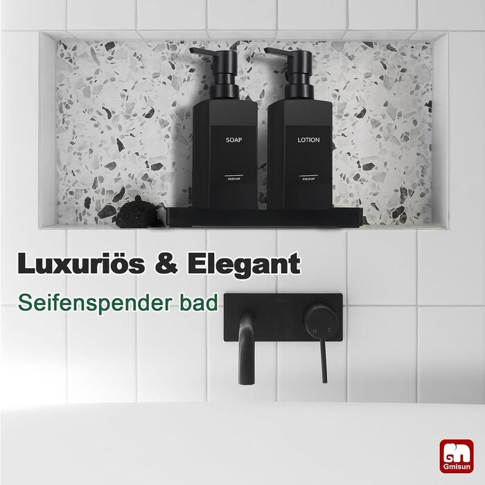 Диспенсер для мила GMISUN чорний скляний 350 мл для кухні та ванної кімнати з піддоном та водонепроникними етикетками