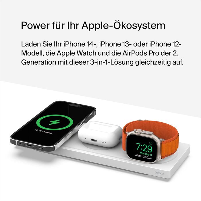 Belkin MagSafe Бездротовий зарядний пристрій 3-в-1 MFi для iPhone 16/15/14/13/12, Apple Watch, AirPods (Білий)