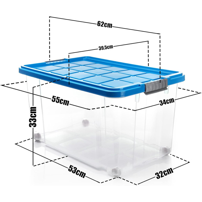 BigDean 4-Piece 60L Storage Boxes with Lid Large Steel - Stackable, Robust Box BPA-Free - Rollable Storage Box with Secure Click Closures - Made in Germany (Blue)