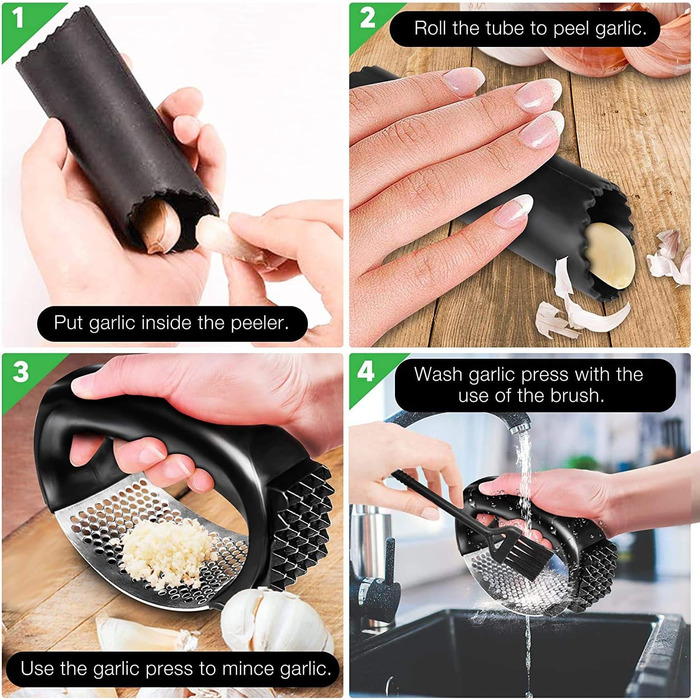 Пресс для часнику та імбиру з важелем, набір з очищувачем для апельсинів, нержавіюча сталь, чорний