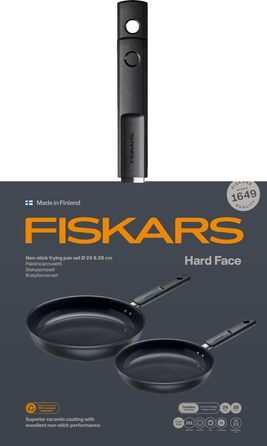 Сковорідки Fiskars Hard Face 24 см і 28 см, антипригарне покриття, для всіх плит, алюміній/пластик, набір 2 шт., чорні