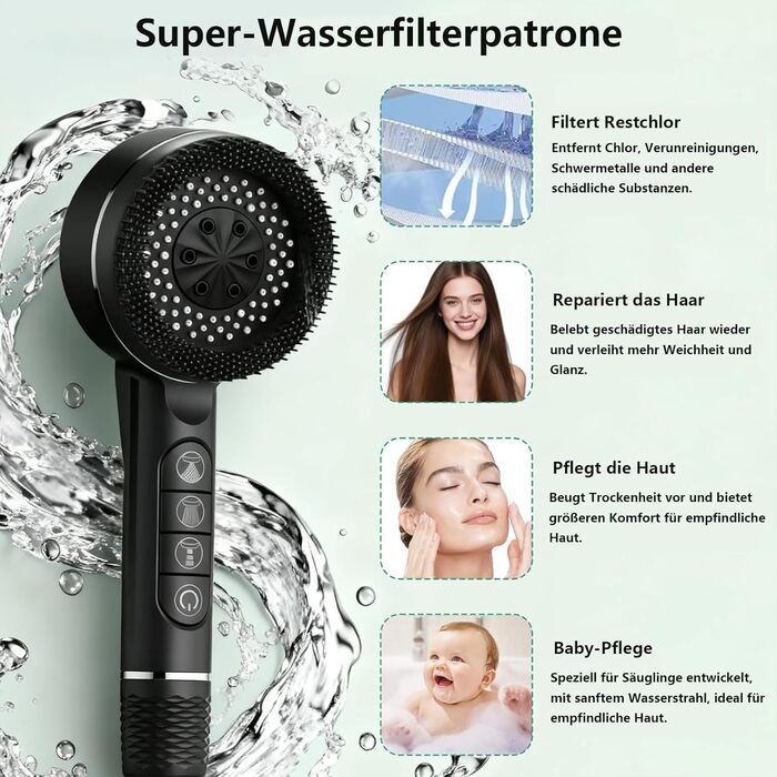 Фільтрована лійкова насадка для душу з високим тиском, ручна, з шлангом, 4 режими, економія води, чорна Pro (DE-002)