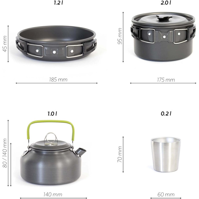 Набір кухонного посуду для кемпінгу 12 предметів: каструлі, сковорідки, чайник | Кухонний набір для відпочинку на природі