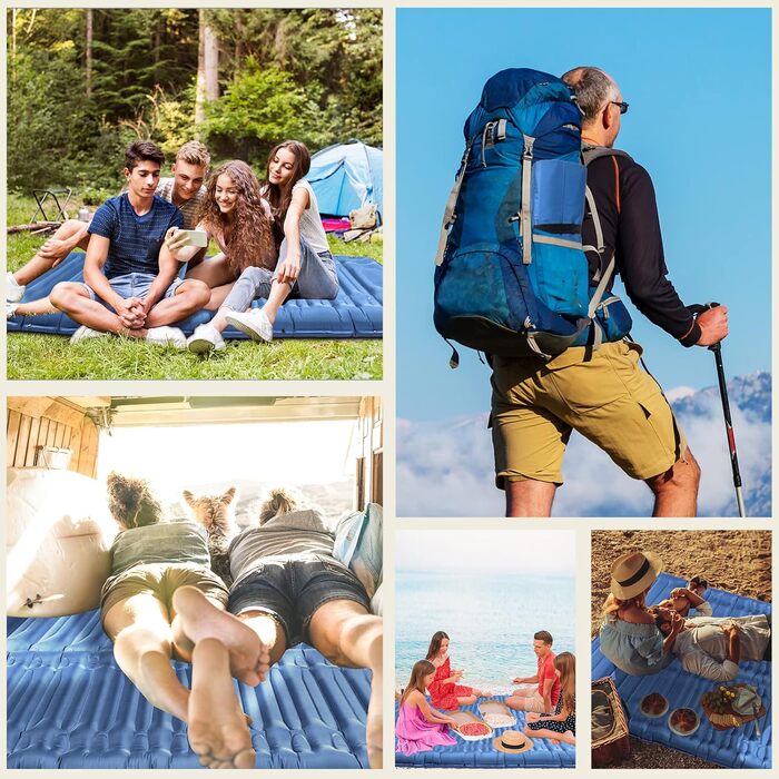 Каремат для кемпінгу Bluever самонадувний з насосом для ніг, 14 см, товстий, з подушкою. Підходить для піших прогулянок, намету, пляжу, подорожей.