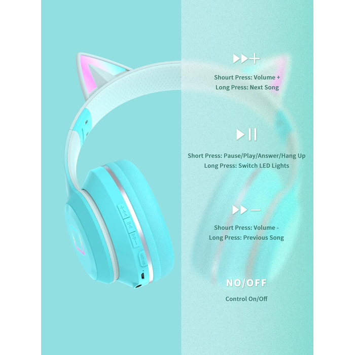 Бездротові навушники Bluetooth для дітей з LED-підсвіткою, котячими вушками та мікрофоном, HD стерео звук, складні, регульоване наголов'я, для дівчаток, PC/Tablet/навчання/школу (зелені)