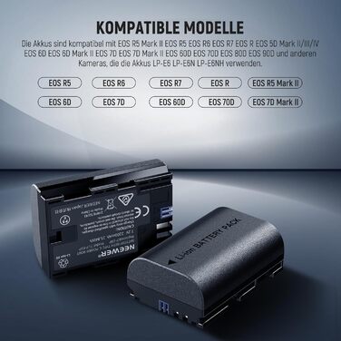 Запасний акумулятор Neewer для Canon EOS 7D Mark II та інші моделі, 2 шт. 2000mAh, комплект з зарядним пристроєм (LP-E6P)