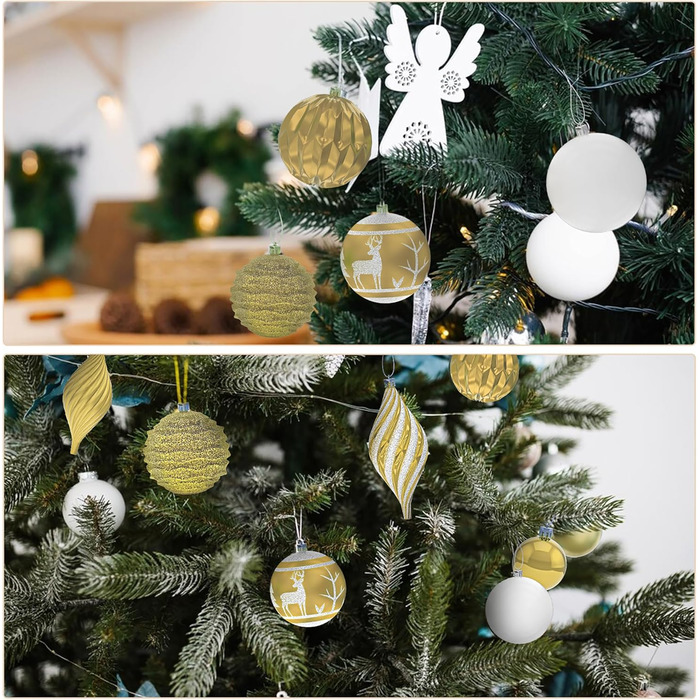 Набір прикрас для ялинки Aufun 108 шт. Преміум якість, пластик, з верхівкою, ялинкові кулі, зірки, безпечні прикраси, ялинкові кулі багаторазового використання, декор для ялинки (шампань, срібло)