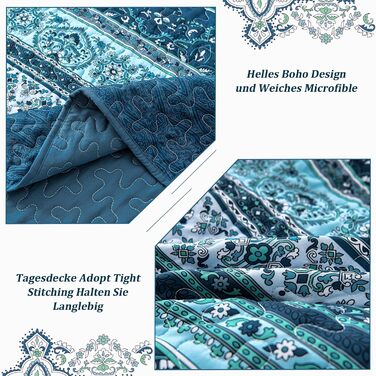 WONGS BEDDING Bedspread 220x240 Bed Cover Bohemian Quilt Steppdecke 3-Piece Double Bed Quilted Bedspread Microfiber Throw Blanket with 2 Pillowcases 50x70 for Bedroom as Sofa Cover (Bohemian) (200x220 cm, Dark Blue)