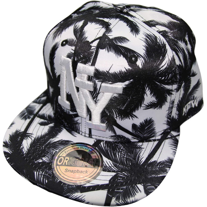 Кепка Snapback New York - сіро-біла, регульований розмір 52-58 см, чорний гавайський принт