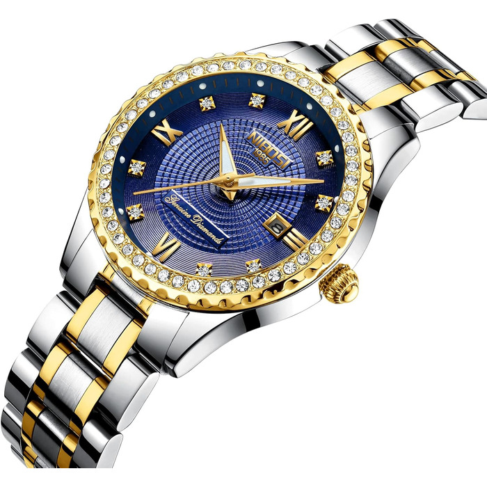 Годинник NIBOSI для жінок: аналоговий кварцовий годинник на зап'ясті, рожеве золото, діамантове циферблат, водонепроникний, стильний аксесуар для дівчат (2357 Blue)