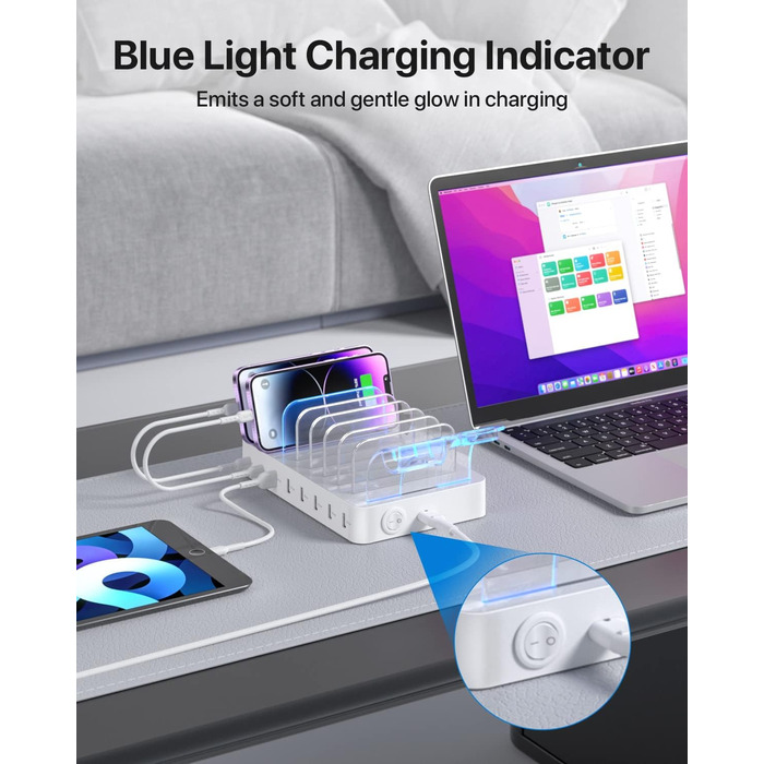SooPii Зарядна станція USB-C 8 портів з PD 20W, кабель USB 8 шт., тримач для Apple Watch та AirPods - Біла