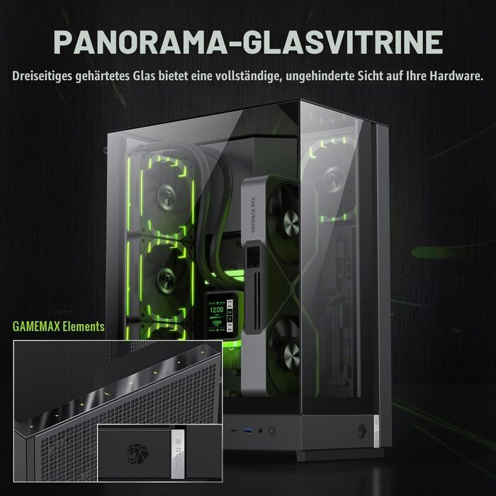 Ігровий корпус GAMEMAX T20 BK M-ATX, панорамне загартоване скло 270°, вертикальна установка GPU, 2x120мм ARGB вентилятори, підтримка 360мм радіатора та SFX/SFX-L БЖ, BTF-Ready, чорний