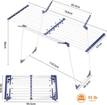 Складана сушарка для білизни KINGBOARD з подвійними крилами, біла, 57 x 162 x 86 см, стійка підставка з протиковзаючими ніжками для дому та вулиці