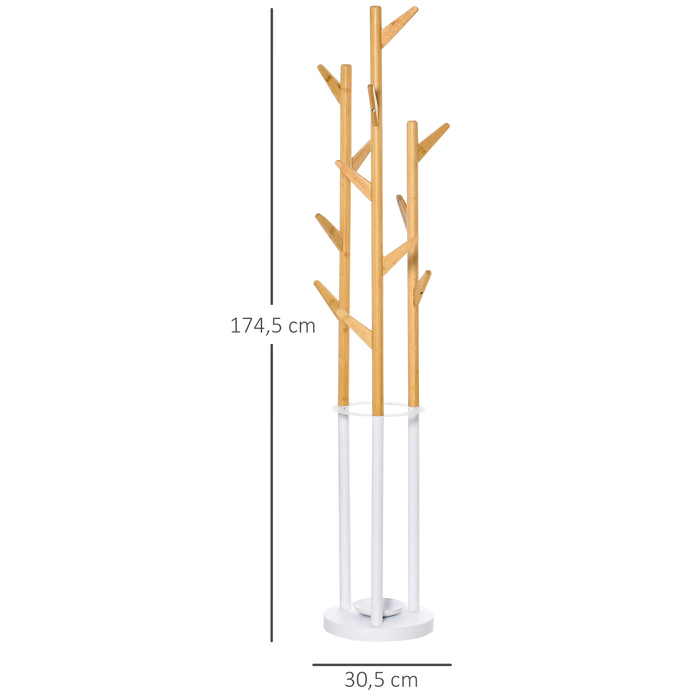 HOMCOM Coat Rack with 12 Hooks and Umbrella Stand - Tree Design, Modern Clothing Rack for Coats, Hats, Bags - Perfect for Living Room, Bedroom, Bamboo & White Finish
