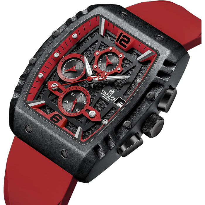 Чоловічий кварцовий годинник Naviforce з автом. датою та індикатором тижня, аналоговий, чорний+червоний+червоний