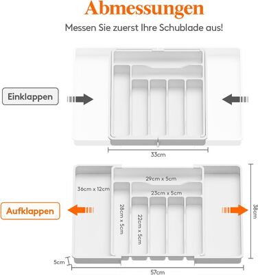 Органайзер для столових приборів Lifewit в шухляду, розсувний, пластиковий, білий 33-57 x 38 x 5 см