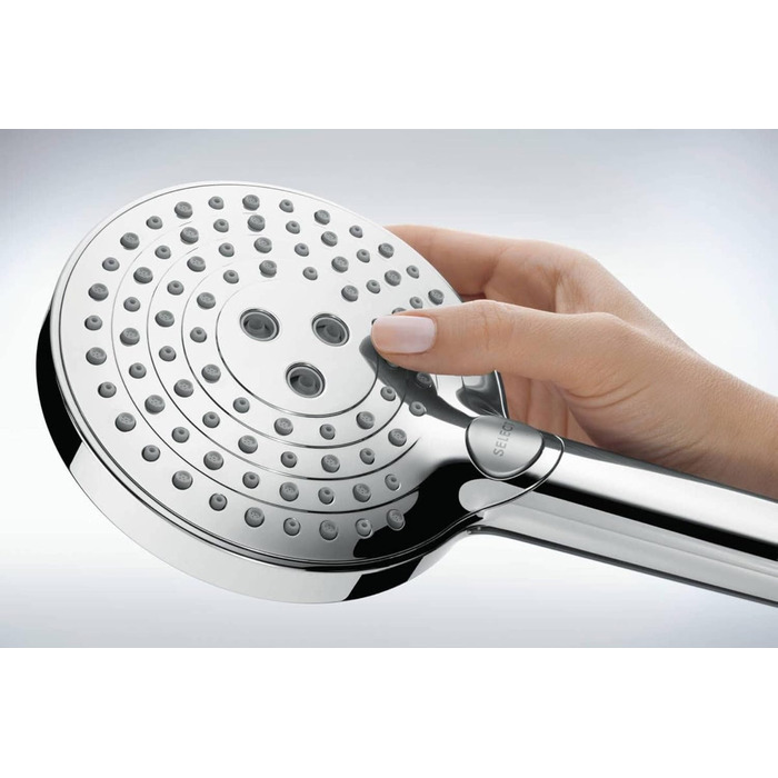 hansgrohe Raindance Select S - water-saving showerhead 9 l/min (EcoSmart), hand shower with 3 spray patterns, round shower head (⌀ 120 mm), water-saving showerhead with anti-limescale function, (showerhead incl. PowderRain + hose, Chrome, showerhead incl. PowderRain + hose)