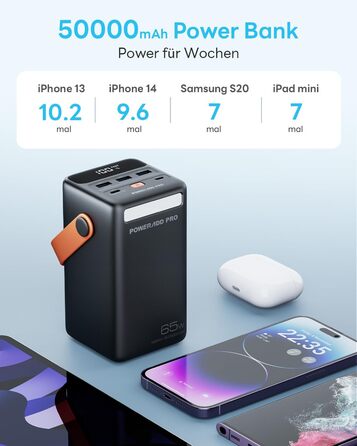Powerbank 65W з USB-C, 50000mAh, LED дисплеєм, для ноутбуків, MacBook, телефонів (Samsung S23), чорний