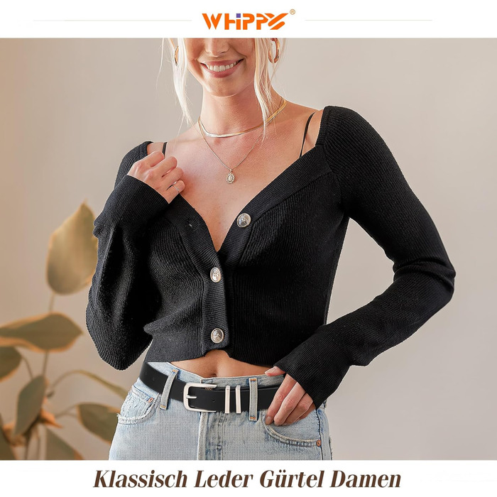 Ремінь шкіряний WHIPPY жіночий та чоловічий, срібна пряжка, для джинсів та штанів, чорний (M: 76-90 см, довжина 110 см)