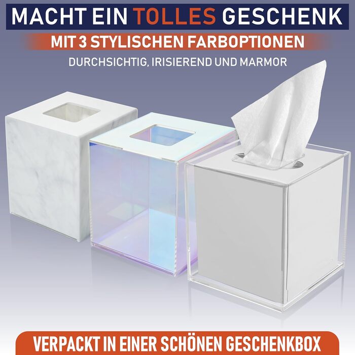 Acrylic tissue holder, transparent tissue box for cosmetic tissues, napkins, and lint-free cloths. Perfect for bathrooms, desks, workspaces, and vanity tables (Square, Marble)