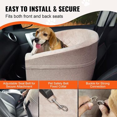 Автокрісло для собак VEVOR, 560x508x410 мм, з кишенею, страхувальним ременем та м'якою підкладкою, для собак малого та середнього розміру до 25 кг, світло-коричневе