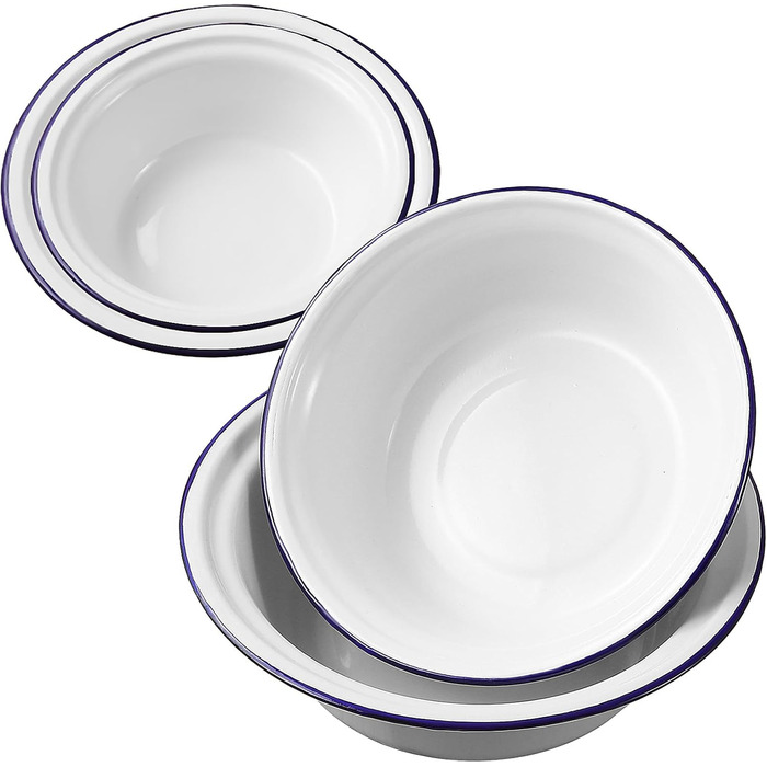 BESTonZON 4-Piece Enamel Soup Bowls, Enamel Basin, Enamel Bowl, Grease Pot with Lid, Enamel Mixing Bowl, Enamel Dishware, Four Sizes, Salad Bowl, Ramen Bowl