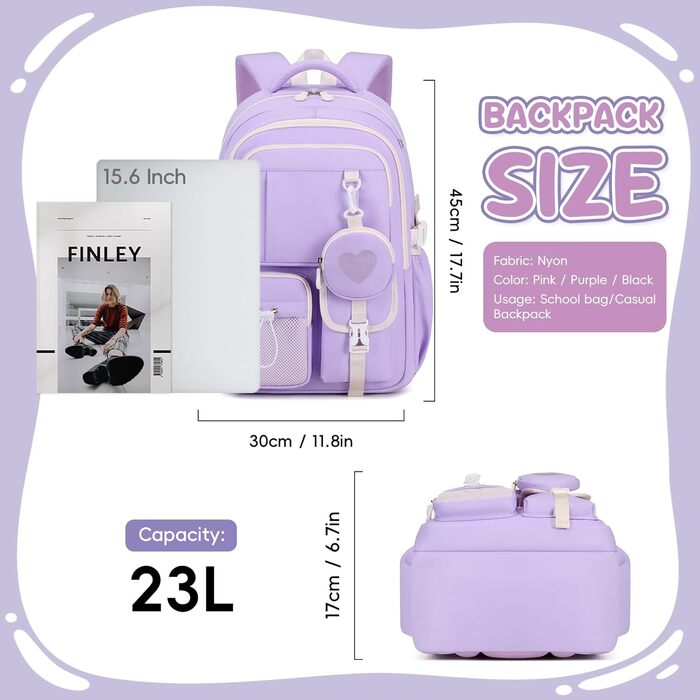 Шкільний рюкзак для дівчаток 1-5 класів з милим гаманцем, стильний рюкзак у школу для дітей та підлітків, ідеальний для школи та подорожей (фіолетовий)