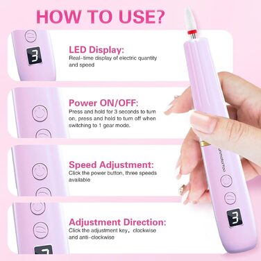 Професійний електричний фрезер для нігтів 12 в 1 з USB-зарядкою, 20000 RPM, для манікюру та педикюру, фіолетовий