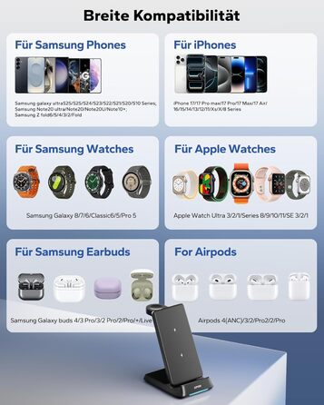 Бездротова зарядна станція 3-в-1 KPON для Samsung Galaxy Watch та смартфонів (S26/S25/S24/S23/S22/Z Flip/Fold, Buds) - Чорна, складна, індуктивне заряджання