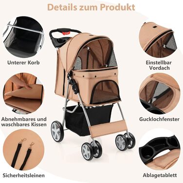 Візок для собак SOARS, до 15 кг, складаний, з сітковими віконцями, тримачем для напоїв та кошиком для зберігання, візок для домашніх тварин для маленьких тварин (Бежевий)