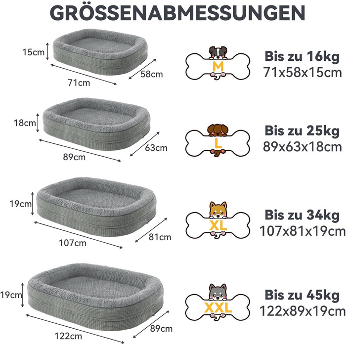 Ортопедичне ліжко для собак Pawk, середні та великі породи, з підтримкою шиї, з Memory Foam, водонепроникне, знімний чохол (Світло-сірий, XL-L 107 x 81 x 19 см)