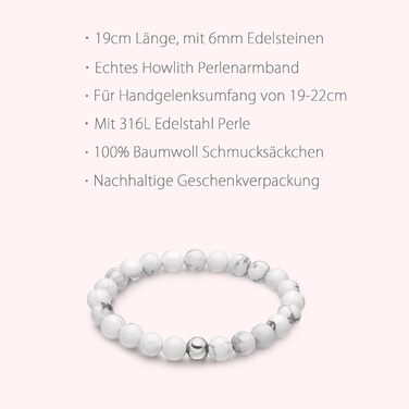 Браслет чоловічий day.berlin Premium з перлів та натурального каменю Howlith, 6мм, нержавіюча сталь 316L, 19см
