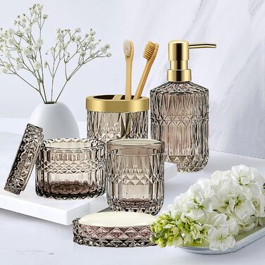 Набір аксесуарів для ванної кімнати зі скла, 5 шт. (мильниця, дозатор мила, тримач для зубних щіток, контейнер для ватних паличок, стакан) чорний