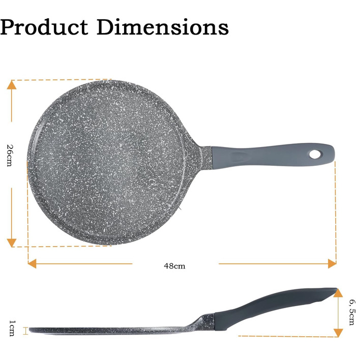 ROSSETTO Crepe Pan Induction 26cm Pancake Pan with PFAS-free Ceramic Coating, Pancake Pan Inner Diameter 24 cm, Die-Cast Aluminum Fry Pan, Suitable for All Cooktops, Sanstone Grey 24cm