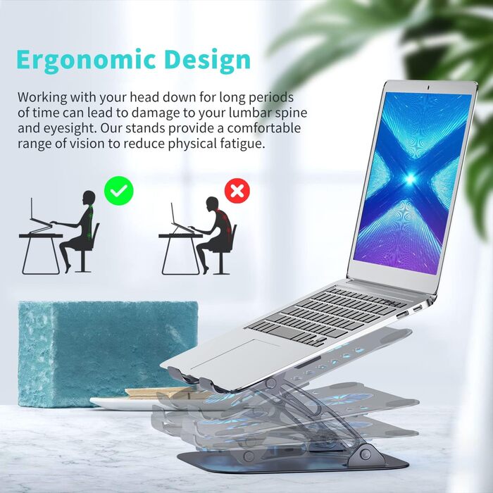 Підставка для ноутбука з регулюванням висоти та RGB вентилятором, складана з алюмінієвого сплаву, для MacBook, Laptop 10-17' (сіра)