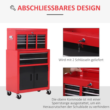 HOMCOM Workshop Trolley with Tool Box, Empty and Lockable Tool Trolley with 6 Drawers, Cupboard Compartment, Anti-Slip Mats, 2 Keys, Tool Cabinet Metal Red+Black | Aosom