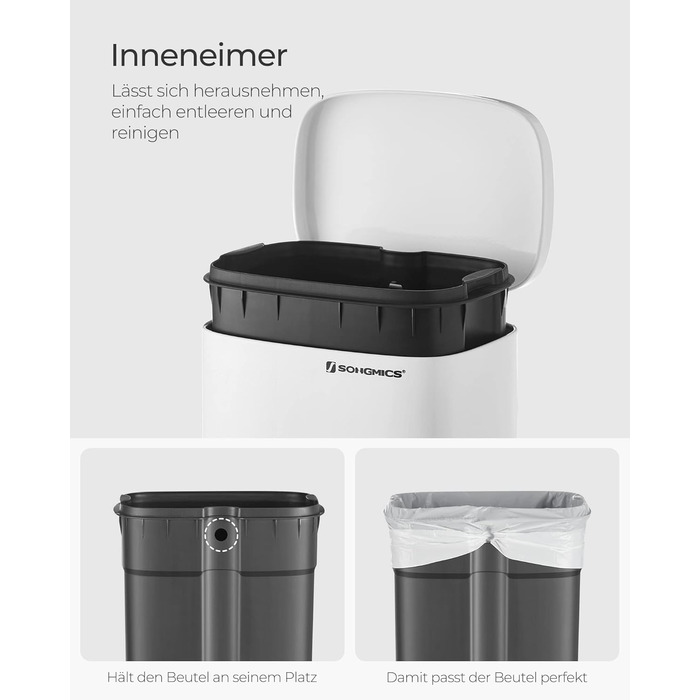 Відро для сміття SONGMICS 30 л з м'яким закриттям, сталеве, з внутрішнім відром, для кухні