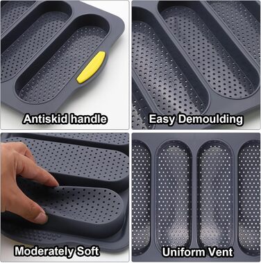 XIMKONTER Baking Sheet for Baguettes, Baking Tray with 3 Rolls, Non-Stick, Bread Baking Forms, Baguette Tray, Easy Clean Silicone Baking, Baguette Bread Tool for Baking (Grey, Baguette)