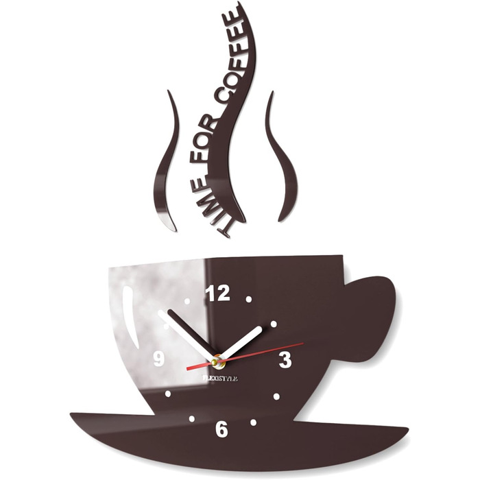 FLEXISTYLE Coffee Time Mug Clock, Modern Kitchen Wall Clock, 3D Roman, Wall Clock Decoration, 32 x 19 cm (32 x 19 cm, Dark Brown (Wenge))