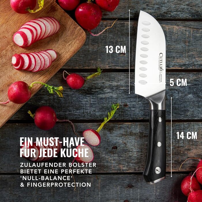 Ніж Cutluxe Santoku 13 см – універсальний ніж для риби, м'яса, суші. Виготовлений з німецької сталі, надзвичайно гострий, ергономічний дизайн