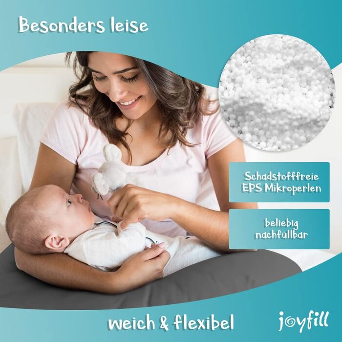 Подушка для вагітних та годування joyfill® 190 см, мікроперлини, антрацит, Німеччина – тиха та зручна, для сну і годування немовлят, XXL