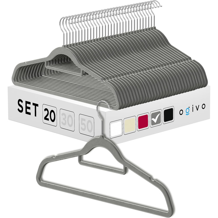 Плечики для одягу OGIVO, набір з 20 шт., сірі - антиковзаючі, для краваток, з поворотним гачком, з вирізами для плечей